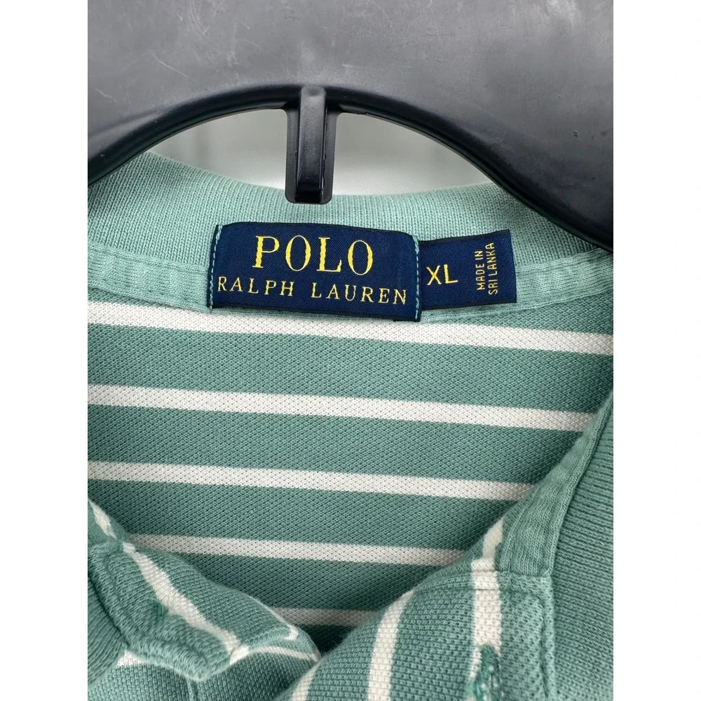 Polo Ralph Lauren Men XL Green White Striped Short Sleeve Cotton Polo Shirt